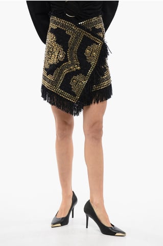 Fringed Wrapped Mini Skirt WIth Studs in Black
