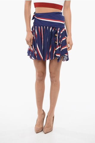 Striped Viscose Pleated Miniskirt in Blue