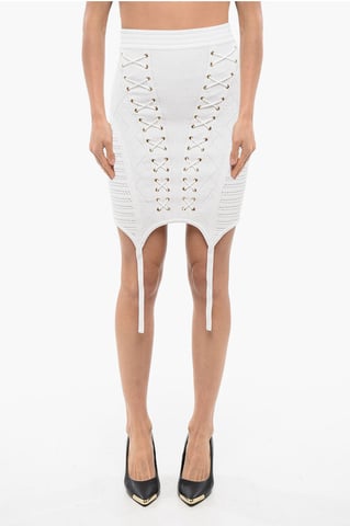 Lace-up Design Knitted Miniskirt in White