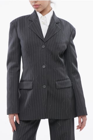 Pinstriped Virgin Wool Blend Slim Fit Blazer in Gray