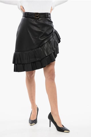 Asymmetric Leather Miniskirt with Logoed Belt in Black