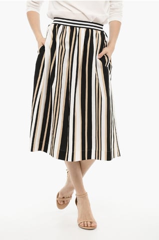 Flared Pencil Striped SCULLY Longuette Skirt in Beige, Bianco e Nero