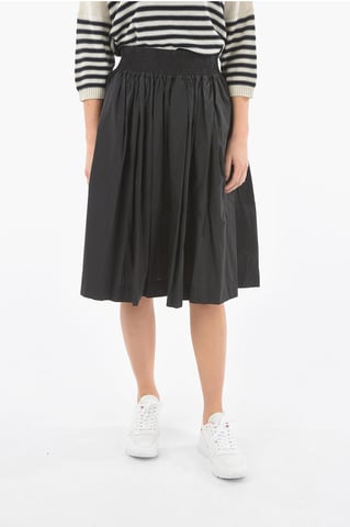 Drawstring Waist Popeline Cotton Flared Skirt in Black