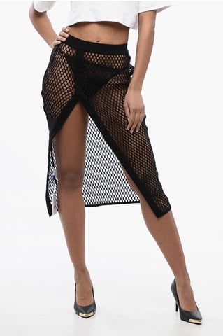 Midi-rok met hoge taille en mesh-design in zwart