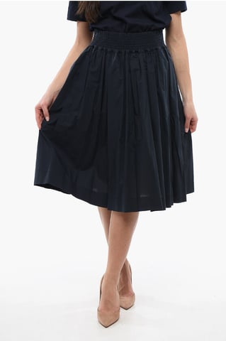 Popeline Cotton Flared Midi Skirt in Blue
