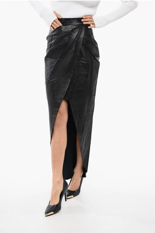 Leather Wrapped Midi Skirt in Black