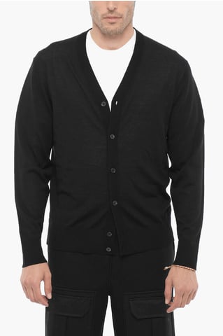 V-Neck Slim Fit Wool Cardigan in Black