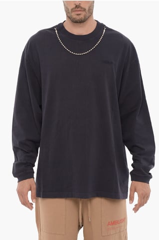Long Sleeved Crew-neck T-Shirt with Silver-Tone Chain in Blue