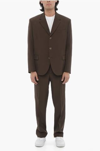 Zijsplitten, reverskraag, slim fit, drieknoops pak in bruin