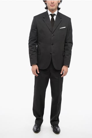 3-Button Cotton Blend Suit with Flap Pockets in Black