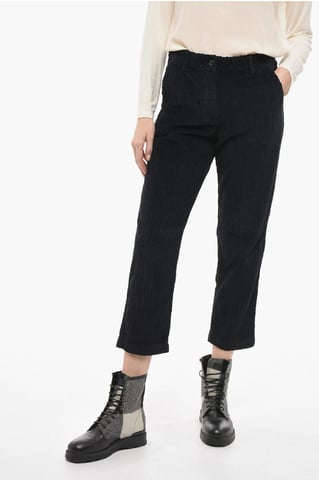 Corduroy Cropped Pants with Tapered Fit in Black