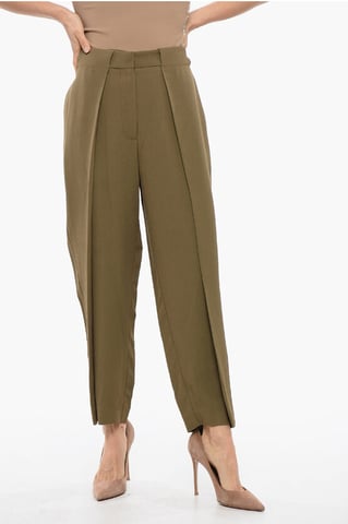 Enkelvoudig geplooide viscose taps toelopende broek in militairgroen
