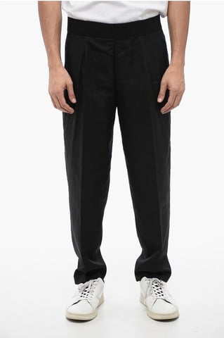 Tapered Fit Linen Blend Pants with Double Pleat in Black