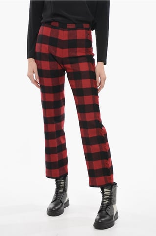 Stretch Wool Pants with Check Pattern in Nero, Rosso