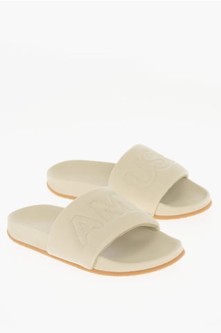 Effen leren slippers in beige