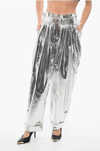 Geplooide, hoog getailleerde baggy-fit broek met metallic effect in zilver