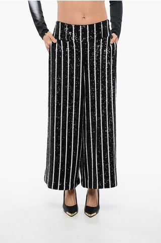 Pailletten gestreepte high-waist broek in zwart en wit