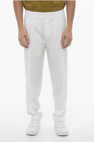 Double-Pleat Slim Fit Pants with Elastic Waistband in White
