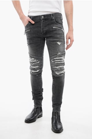Multipocketed Distressed Denims with Leather Biker Inserts 1 in Gray