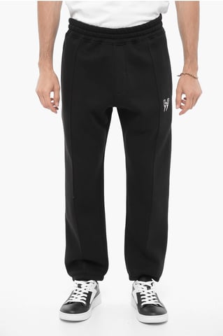 Fleeced Cotton Blend Loose Fit Joggers with Thunderbolts Emb in Black