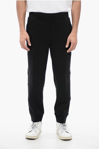 Cotton Blend Cargo Sweatpants with Cuffed Hem in Black
