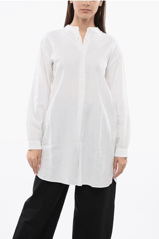Mandarin Collar Linen Blend Long Blouse in White