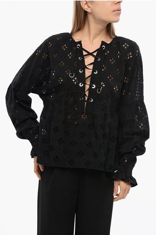 Lace-up SBERTOLI Blouse with Broderie Anglaise in Black