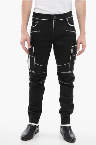 Coated Cotton Cargo Pants with Contrasting Details in Black