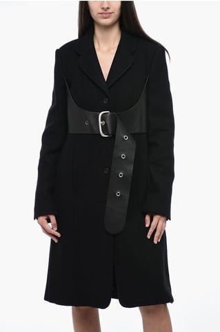 Wool Blended Flared Coat with Leather Belt in Black