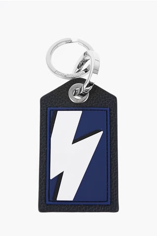 Keyring with Textured Leather Pendant and Thunderbolt Detail in Blu, Nero