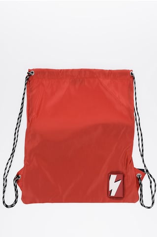 Solid Color Nylon Drawstring Backpack with Monogram in Red