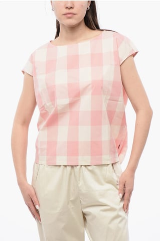 Gingham Cotton Sleeveless Blouse with Drawstringed Bottom in Bianco, Rosa