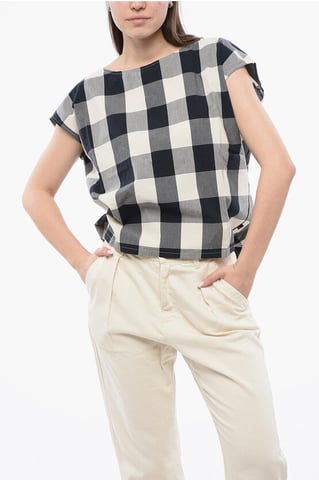 Gingham Cotton Sleeveless Blouse with Drawstringed Bottom in Bianco, Blu, Grigio