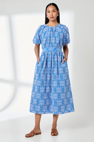 Blue Puff Sleeve Waistband Detail Broderie Midi Dress
