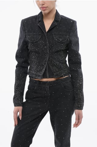 Cropped Fit BLING Denim Jack met Strass in Zwart