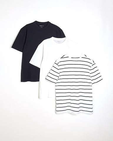River Island Mens T-Shirt 3 Pack Mixed Colours Short Sleeve Slim Fit