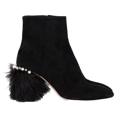 Miu Miu Feather Pear-Embellished Ankle Boots in Black Suede