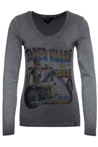 Queen Kerosin Damen Slim Fit Longsleeve mit Retro-Print und Oilwash-Effekt Velden Village 2020 anthrazit
