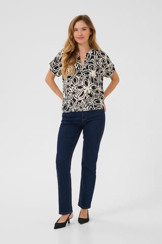 Blouse with short sleeve Regular fit Black / Light Beige Flower