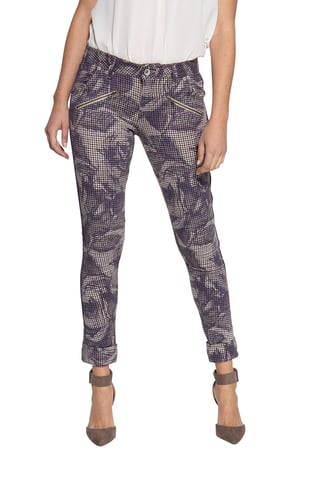Amor, Truth & Trust Damen ATT JEANS Stretchhose mit Hahnentrittmuster und floralen Akzenten Lola lila