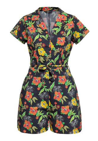 Queen Kerosin Damen Blusen Jumpsuit Hibiscus Black schwarz