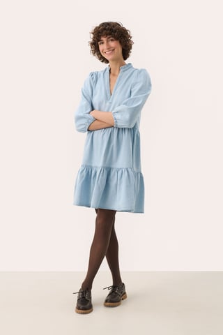 Long sleeved shirt A-shape Whiteish Blue Denim