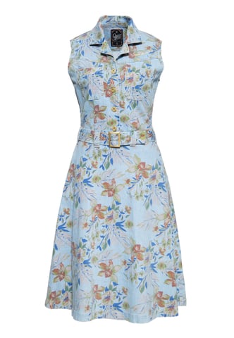 Queen Kerosin Damen Denim Workwear Swing Kleid Hawaii hellblau