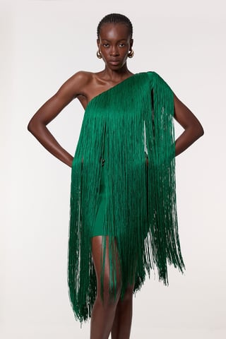 Petite Figure Form Bandage One Shoulder Fringe Mini Knit Dress