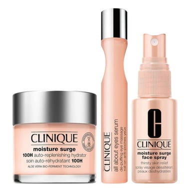 CLINIQUE MOISTURE SURGE SET: SERUM DE PUFFING EYE MASSAGE 15ML + CREAM 100H AUTO-REPLENISHING HYDRATOR CREAM 75ML + MOISTURE SURGE FACE SPRAY 30