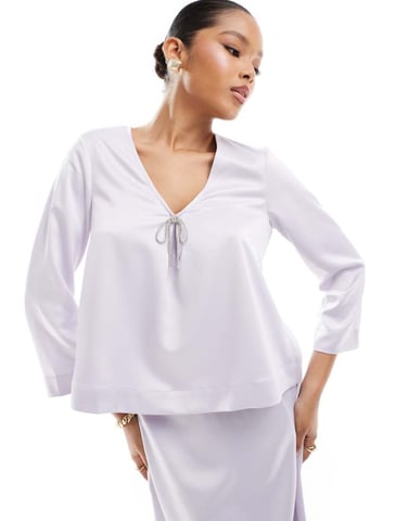 Vero Moda satin top with embellished bow in lavender blue