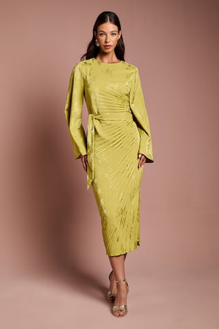 Long Flare Sleeve Pleated Jacquard Midi Dress