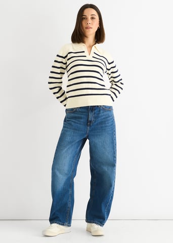 Cream Stripe V Neck Collar Knit Trui