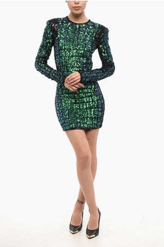 Long Sleeved Sequined Mini Dress in Multicolor