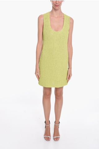 Hand Knit Leather Midi Dress in Green